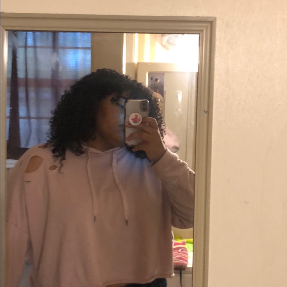 Plus Light Pink Slashed Crop Hoodie